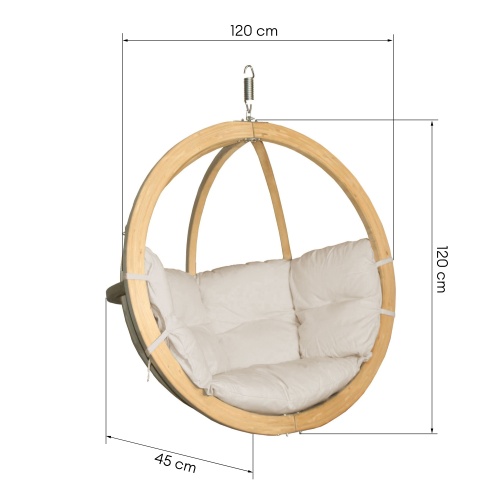 Drewniany fotel wiszący z poduchami w kolorze zieleni