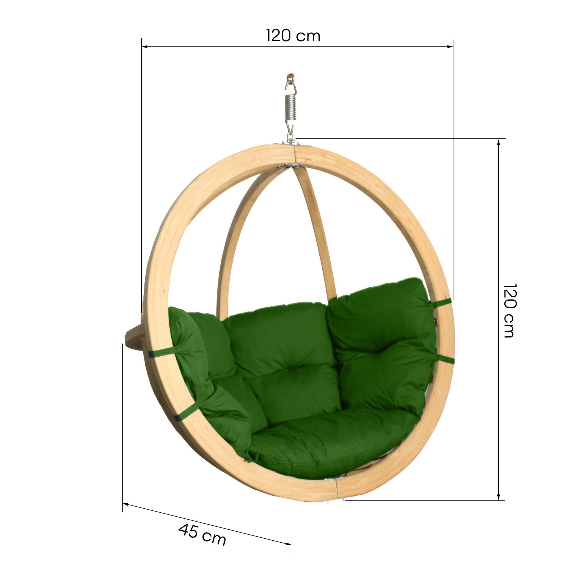 Drewniany fotel wiszący z poduchami w kolorze zieleni