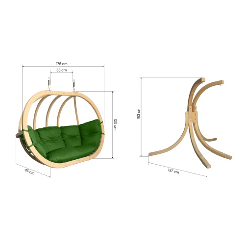 Drewniany podwójny fotel wiszący O-Zone Premier Swing Pod zielonymi ze stojakiem