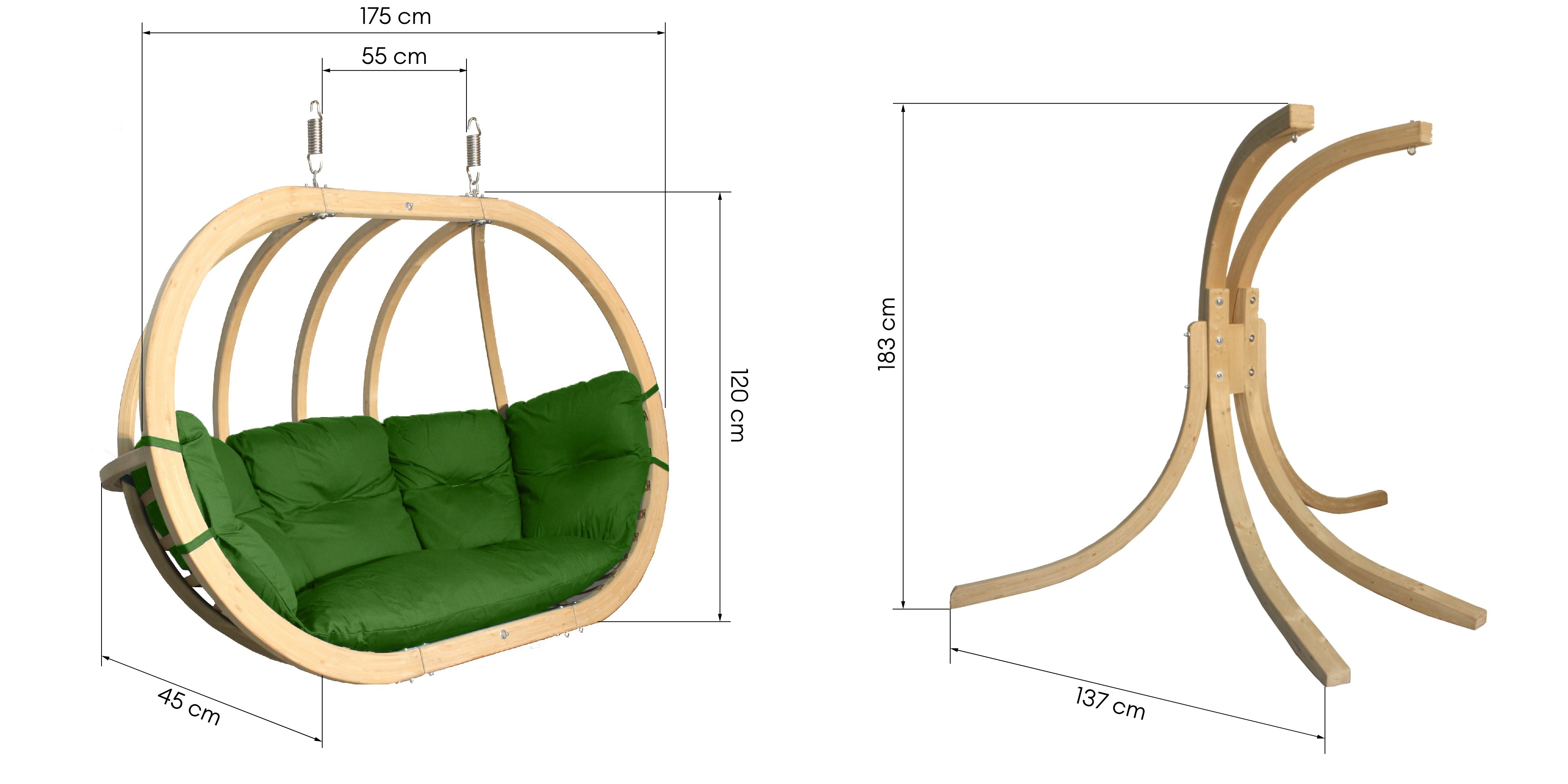 Drewniany podwójny fotel wiszący O-Zone Premier Swing Pod zielonymi ze stojakiem