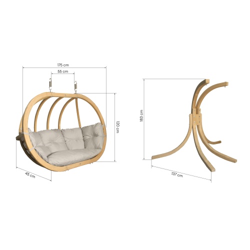 Drewniany podwójny fotel wiszący O-Zone Premier Swing Pod beżowy ze stojakiem