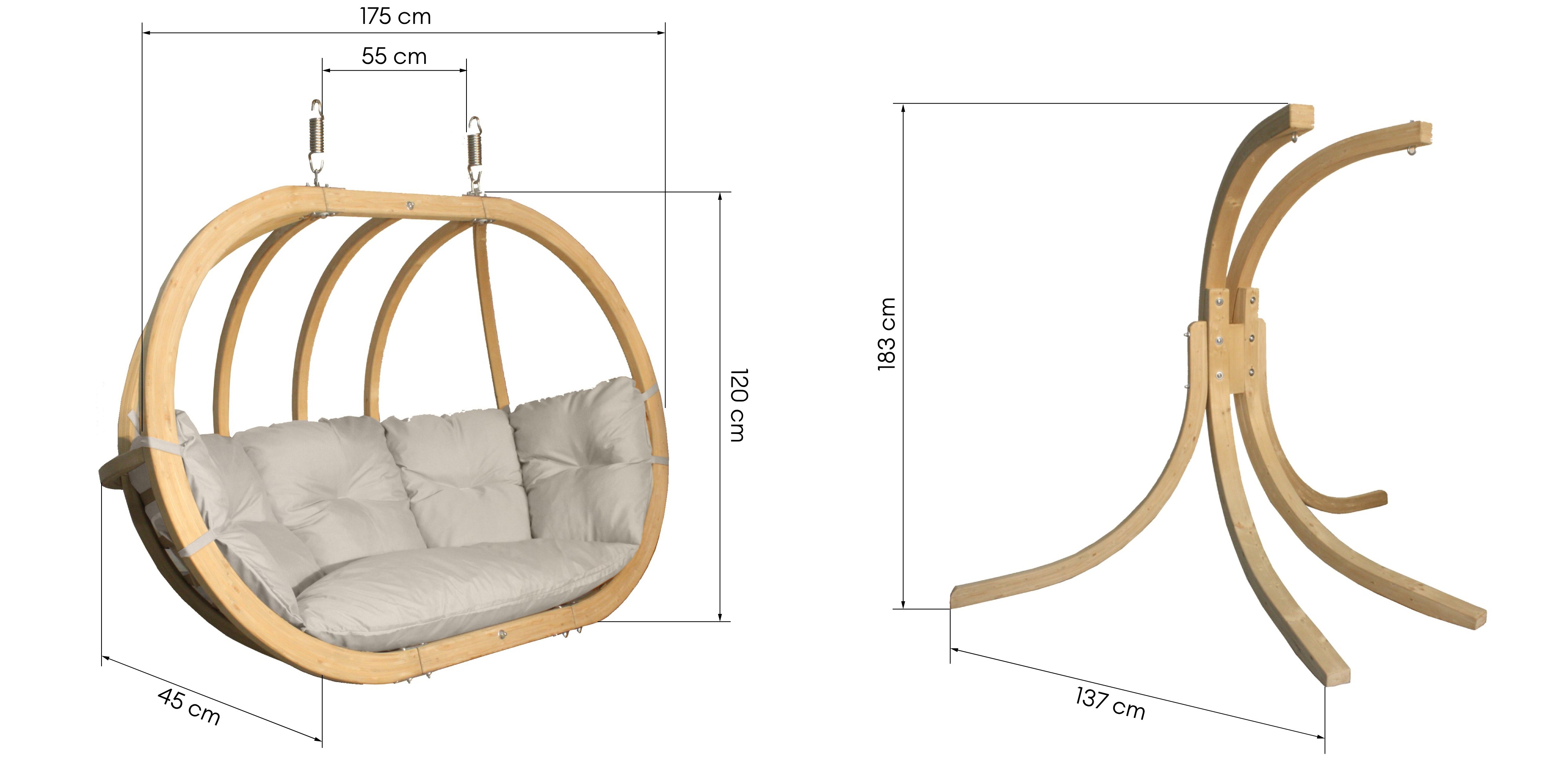 Drewniany podwójny fotel wiszący O-Zone Premier Swing Pod beżowy ze stojakiem