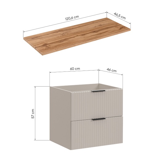 Zestaw dwie szafki pod umywalkę i blat Casad 120 cm, kaszmir/dąb