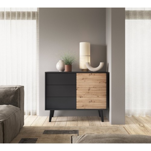 Komoda z szufladami Willow czarna/dąb artisan, lamele