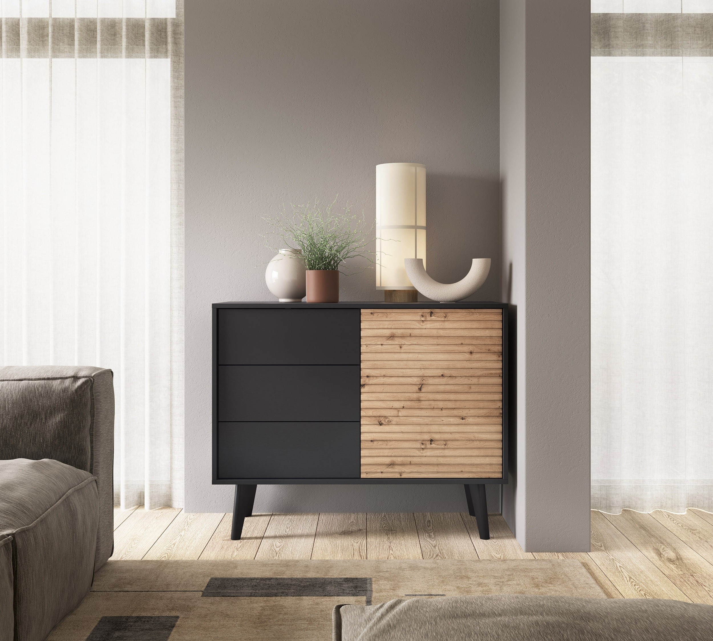 Komoda z szufladami Willow czarna/dąb artisan, lamele