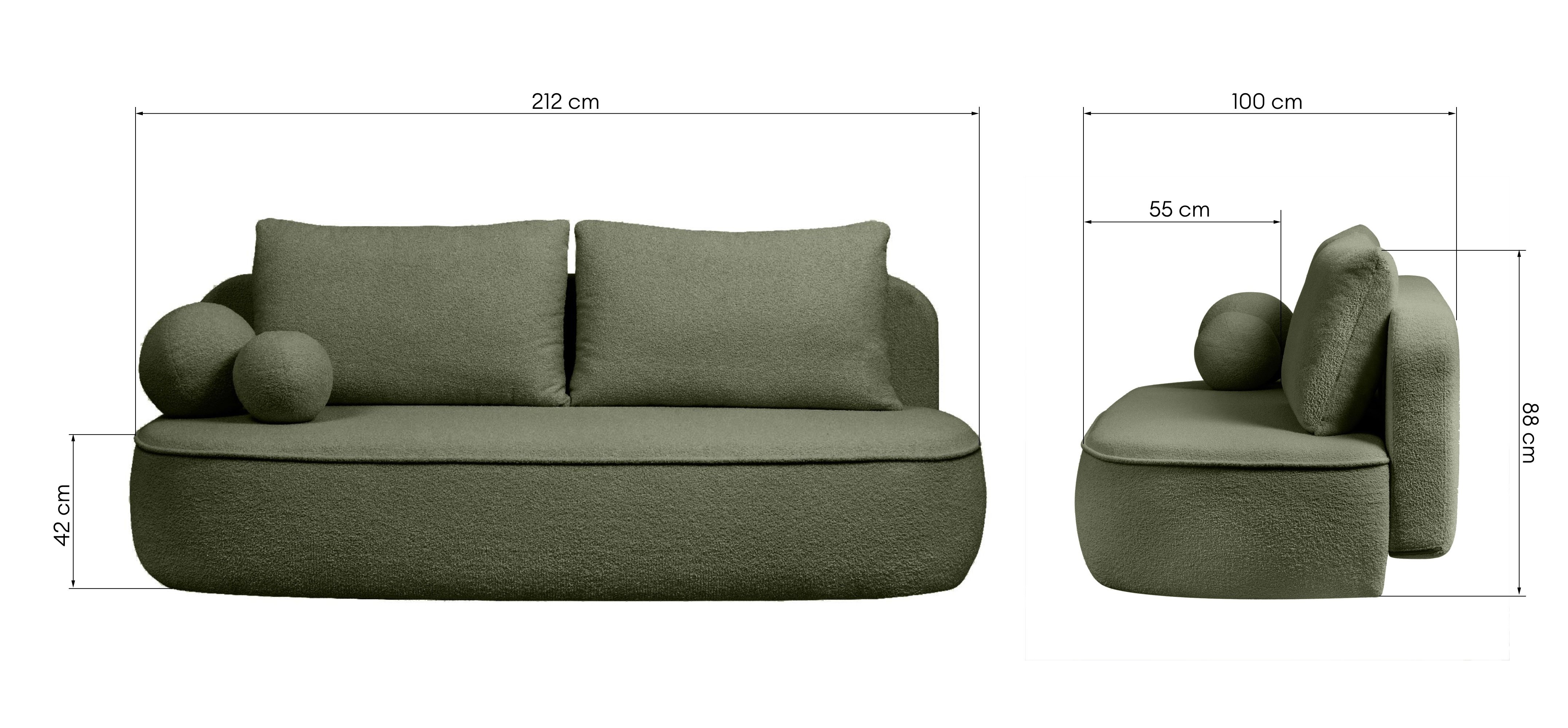 Sofa z funkcją spania i pojemnikiem Bella ciemnozielona, boucle