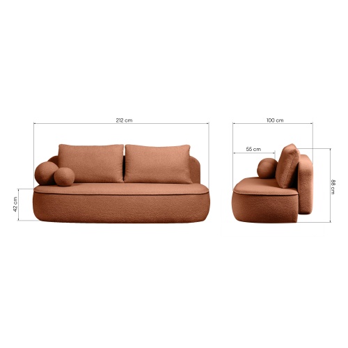 Sofa z funkcją spania i pojemnikiem Bella miedziana, boucle