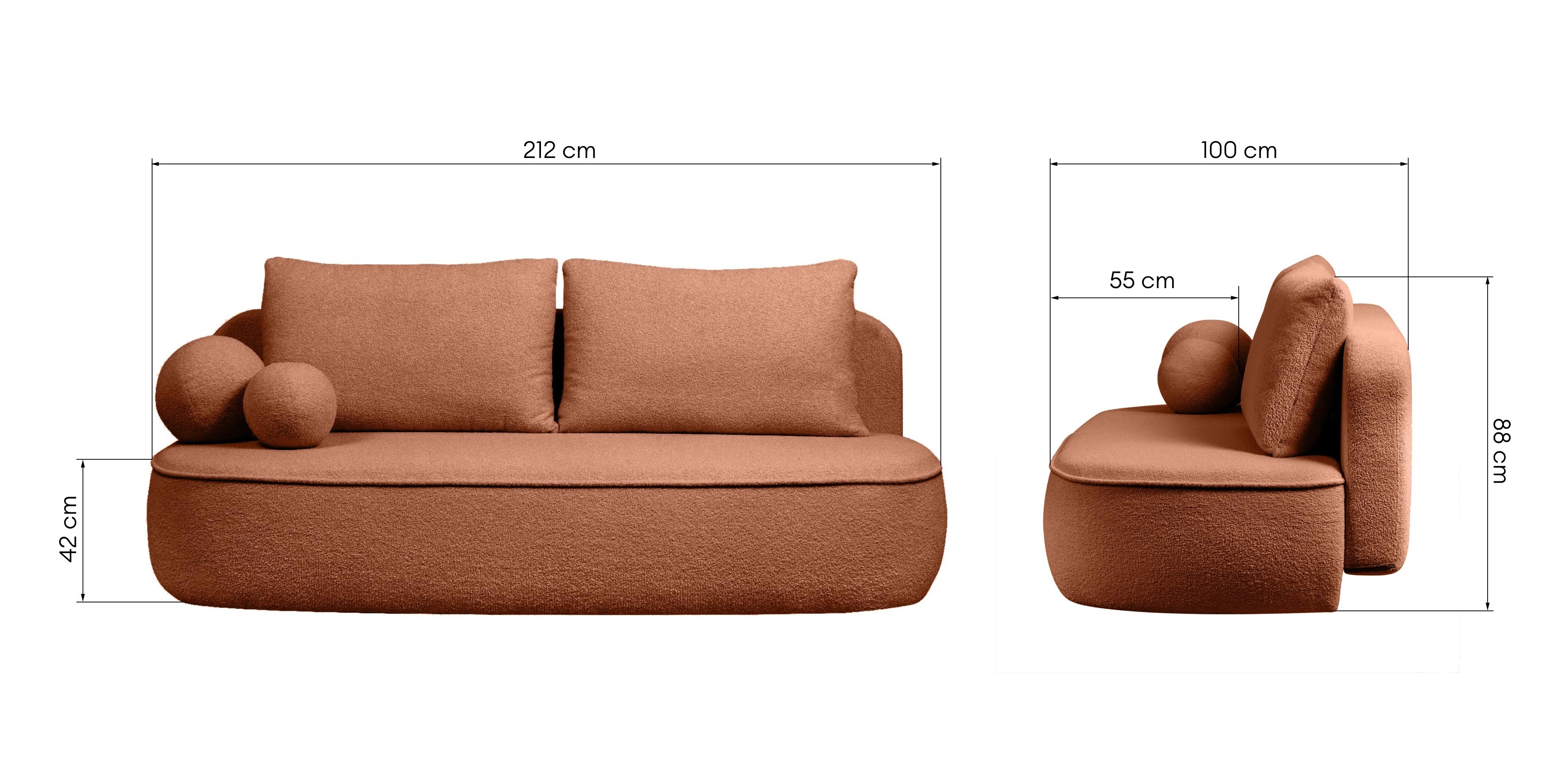 Sofa z funkcją spania i pojemnikiem Bella miedziana, boucle