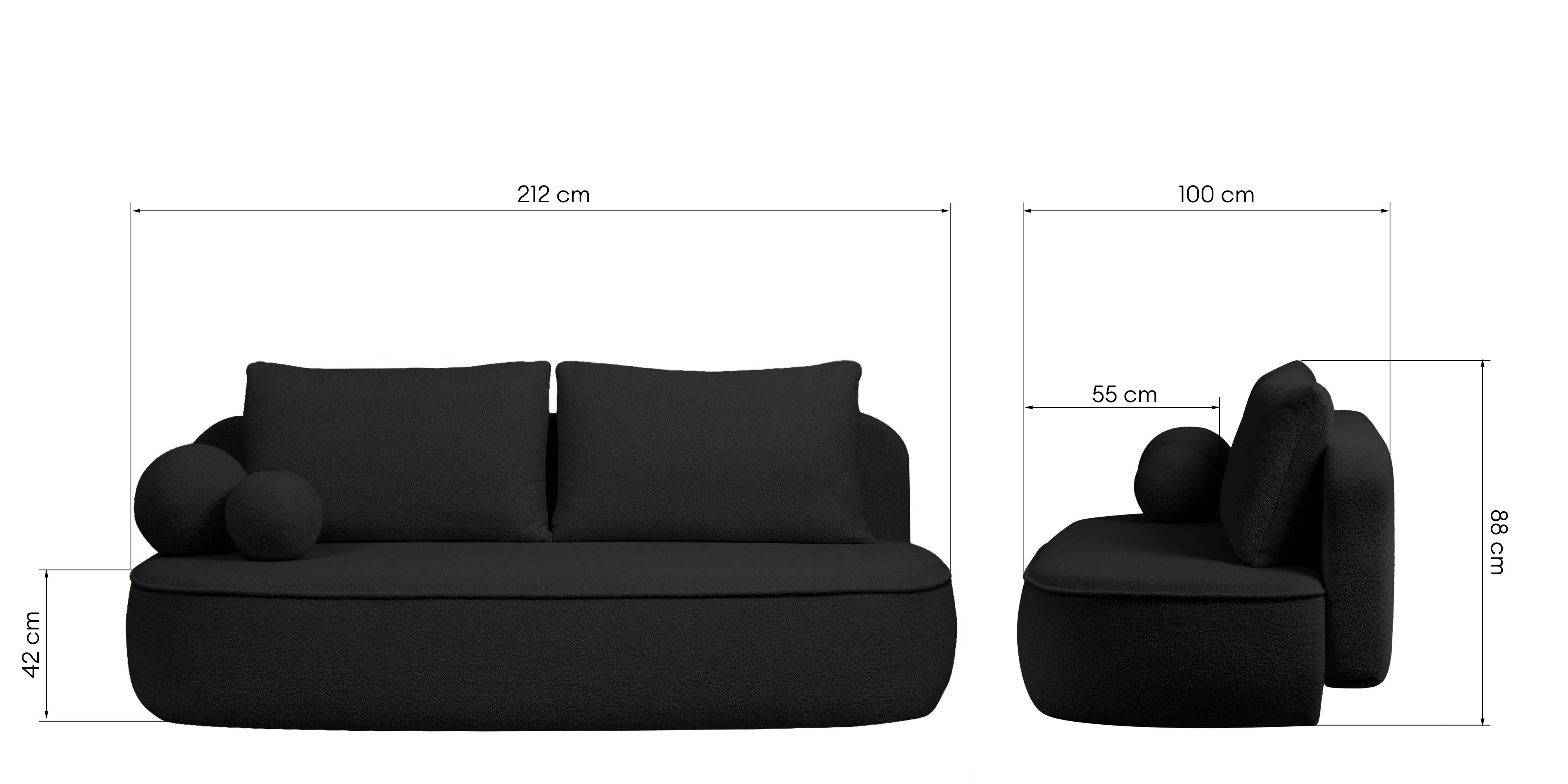 Sofa z funkcją spania i pojemnikiem Bella czarna, boucle