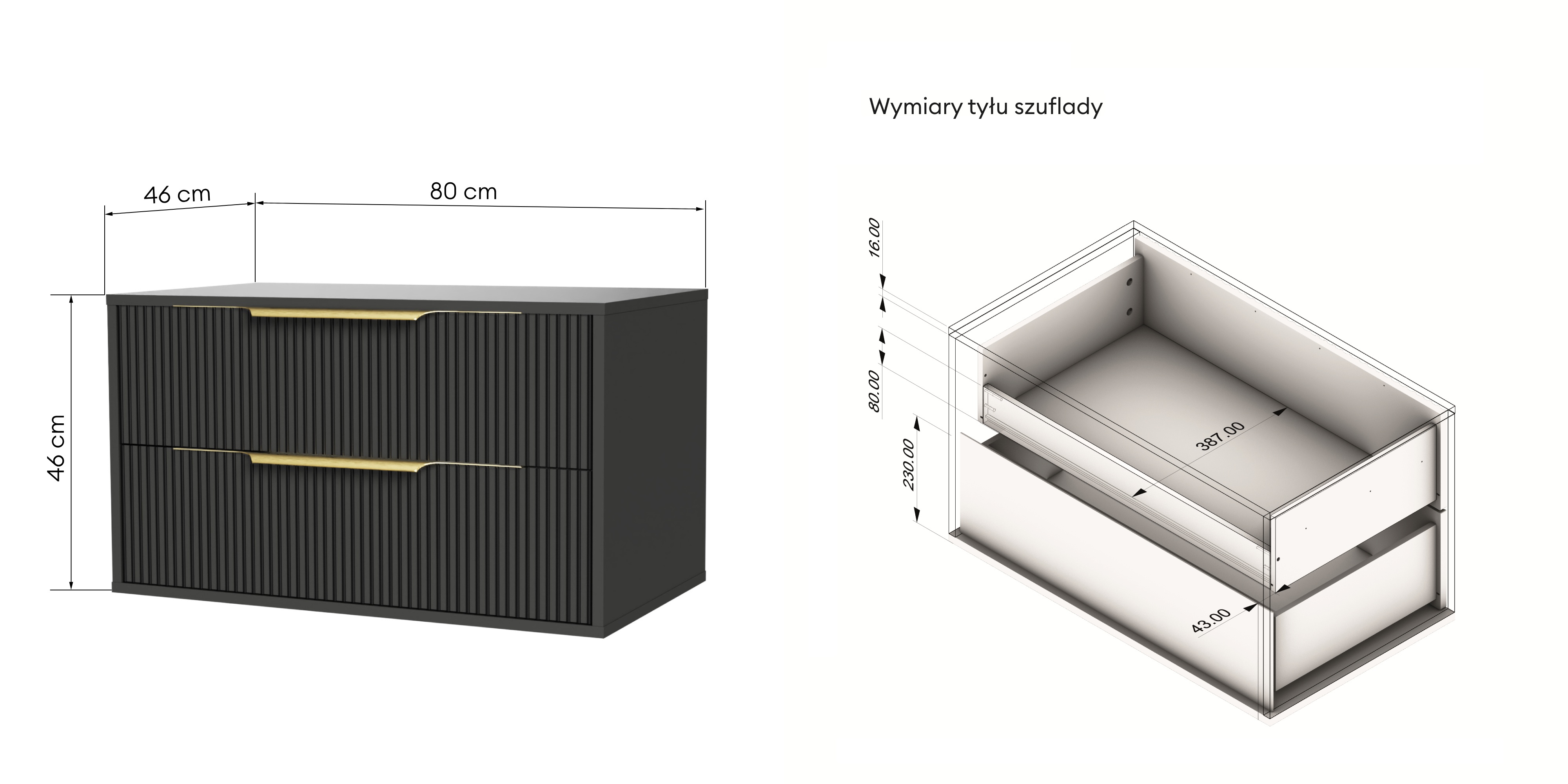 Szafka pod umywalkę nablatową Avila 80 cm, ryflowana, złote uchwyty, czarna