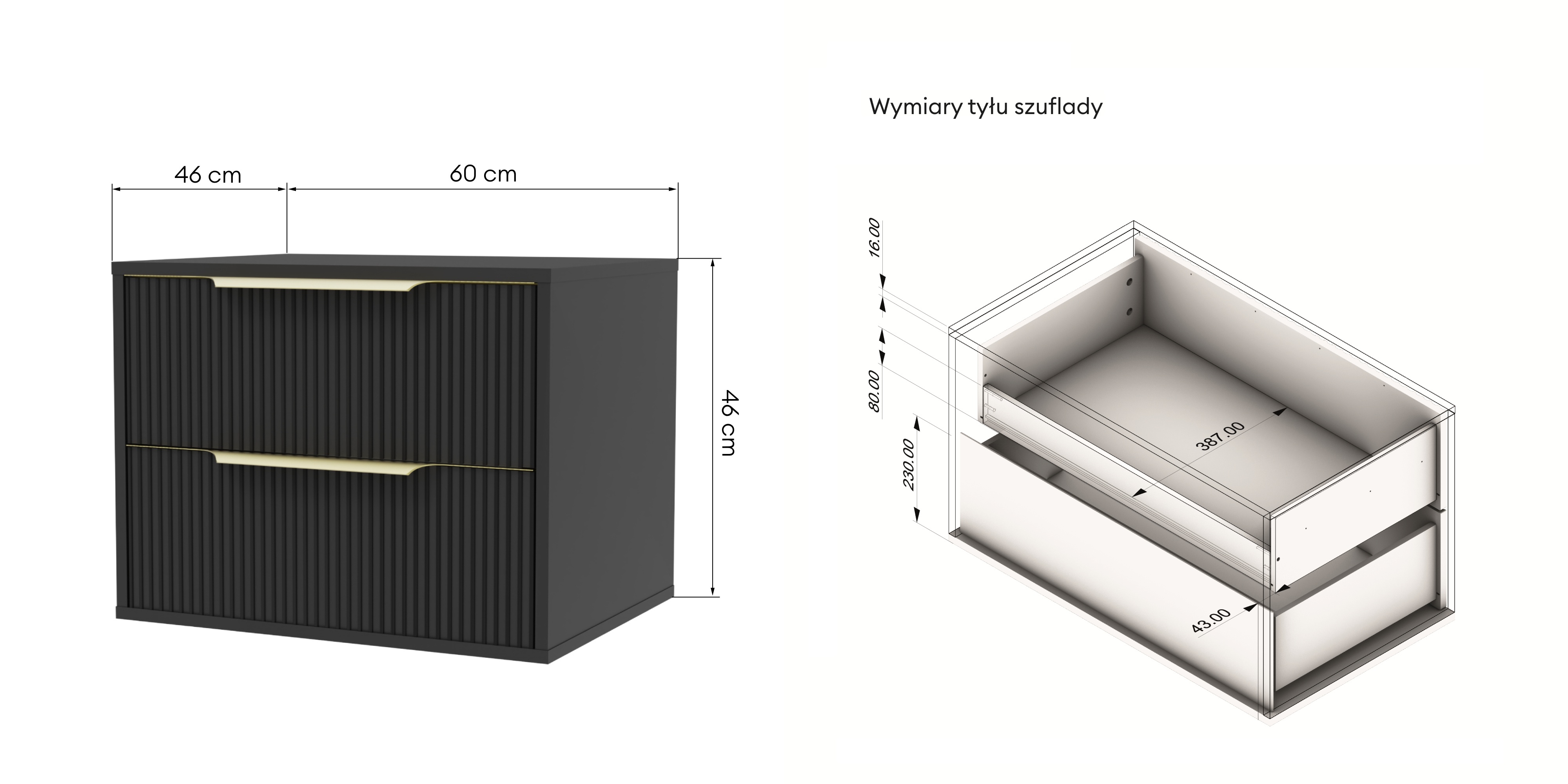 Szafka pod umywalkę nablatową Avila 60 cm, ryflowana, złote uchwyty, czarna