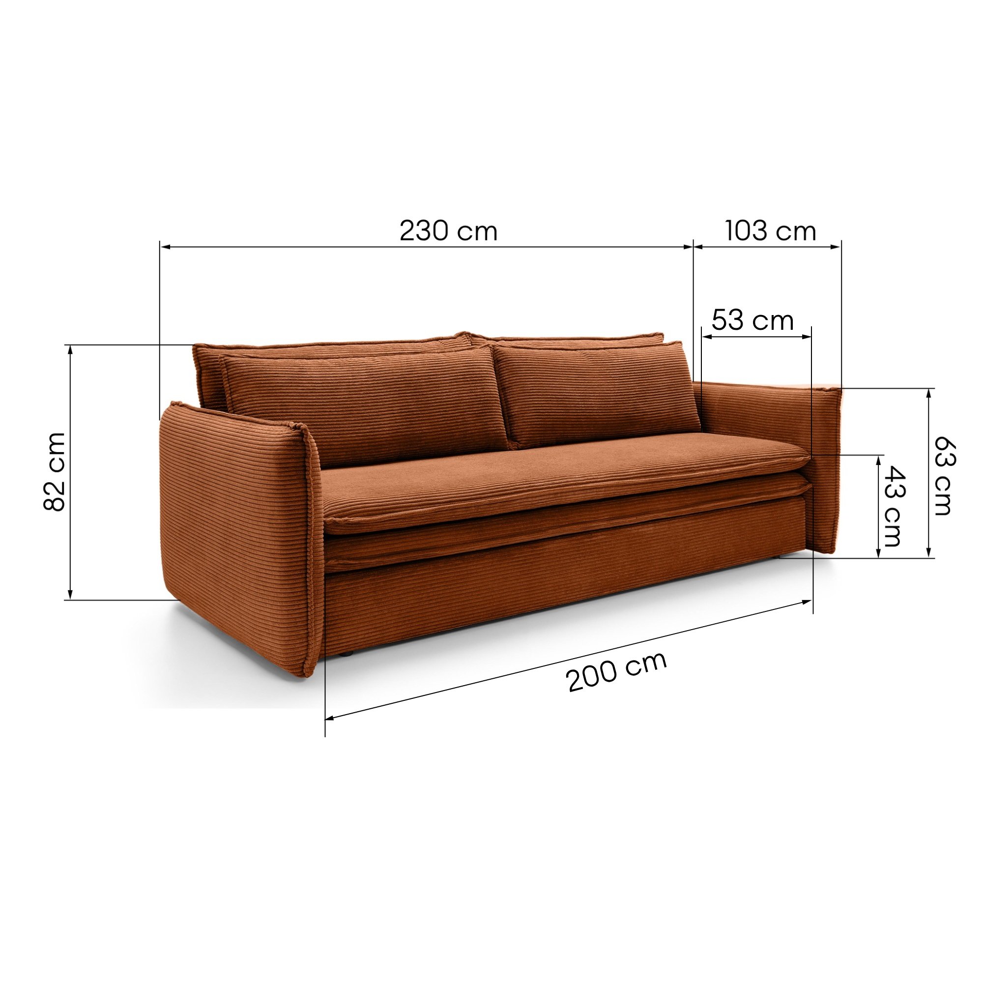 Sofa z funkcją spania i pojemnikiem Flow Slim, miedziana, sztruks