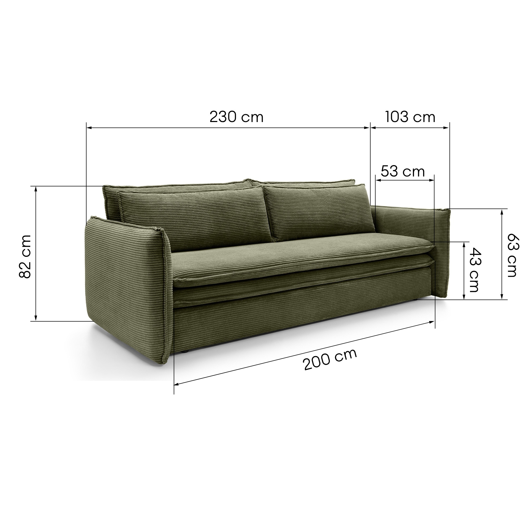 Sofa z funkcją spania i pojemnikiem Flow Slim, oliwkowozielona, sztruks