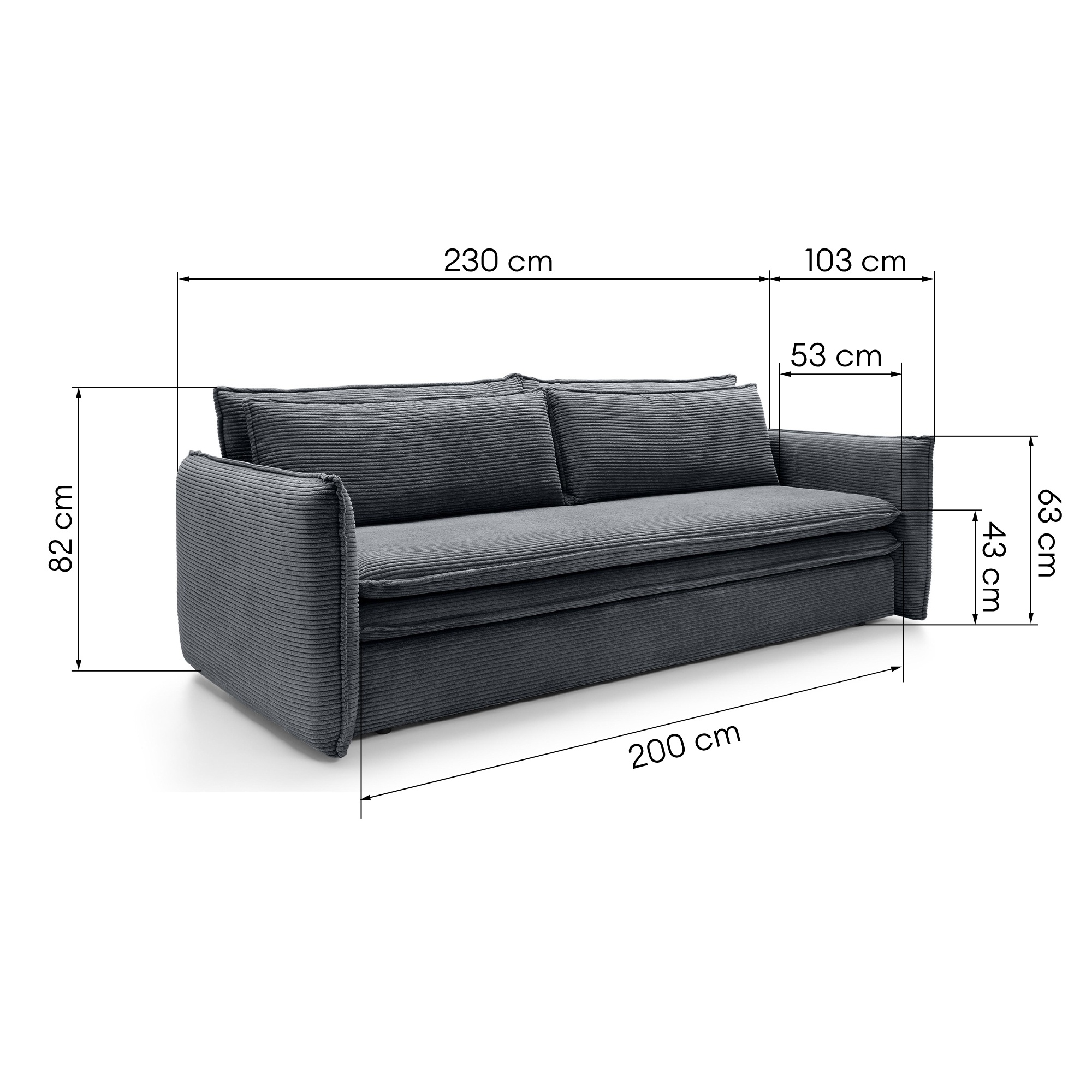 Sofa z funkcją spania i pojemnikiem Flow Slim, ciemnoszara, sztruks