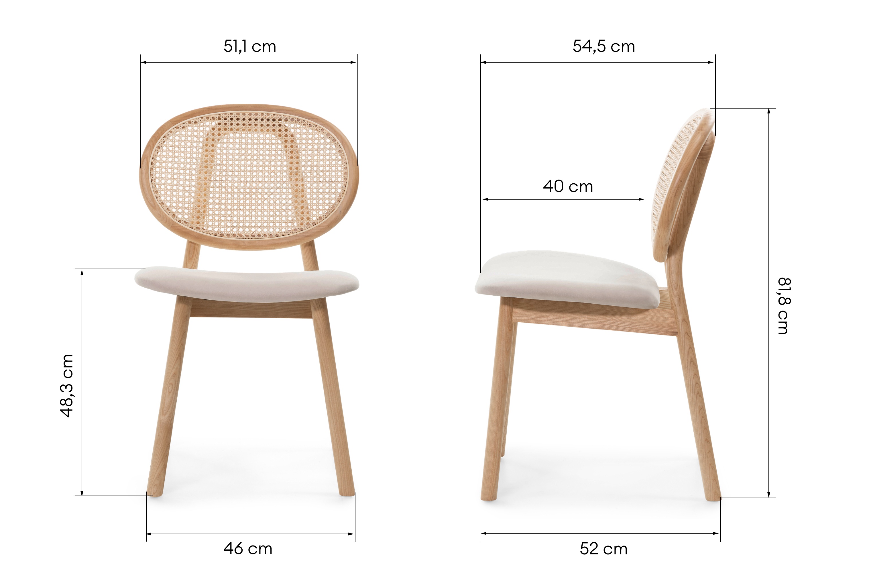 Krzesło drewniane Monet z plecionką wiedeńską, rattan, welur, naturalne/jasnobrązowe