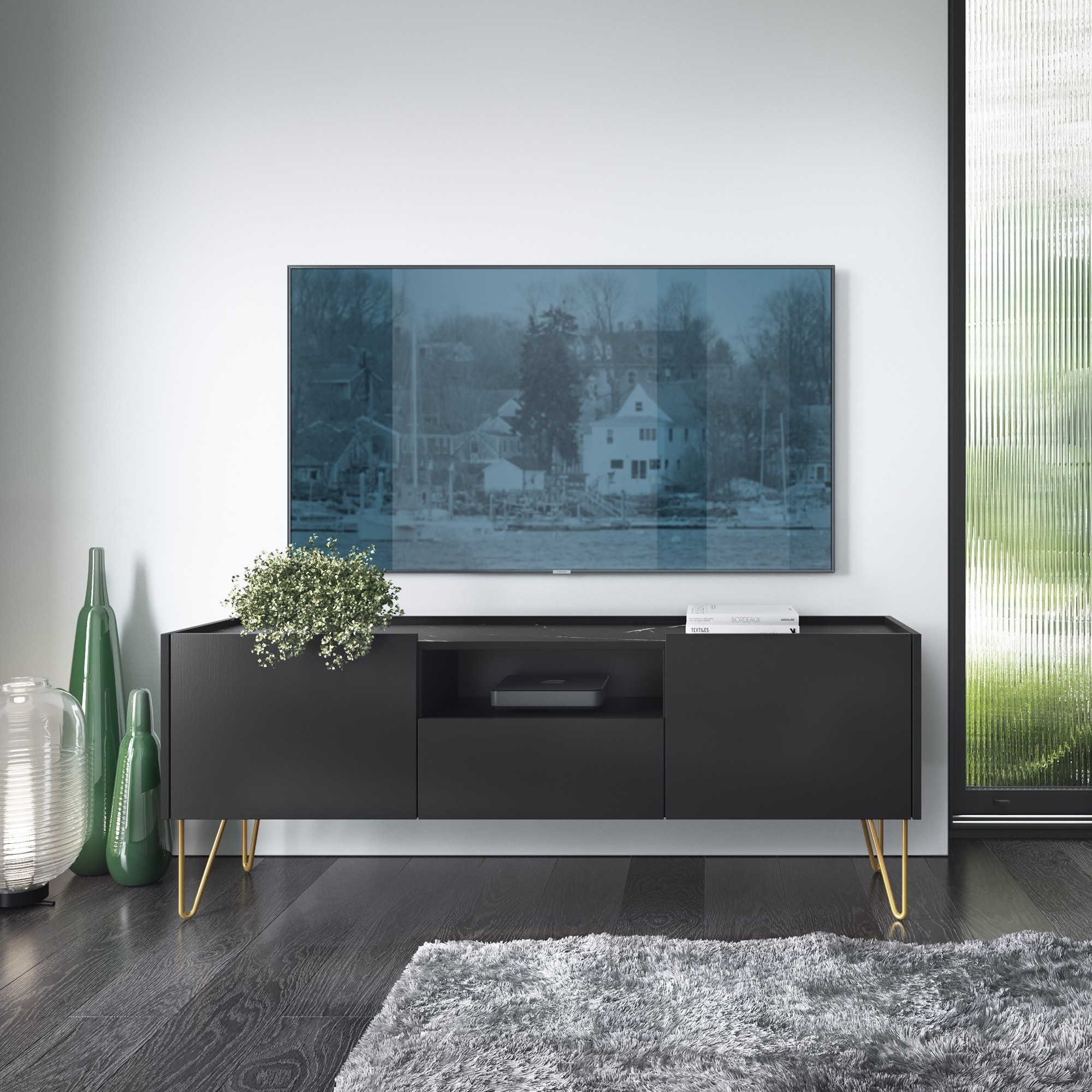 Szafka RTV Harmony z obniżonym blatem, czarna/grafitowa, marmur black royal