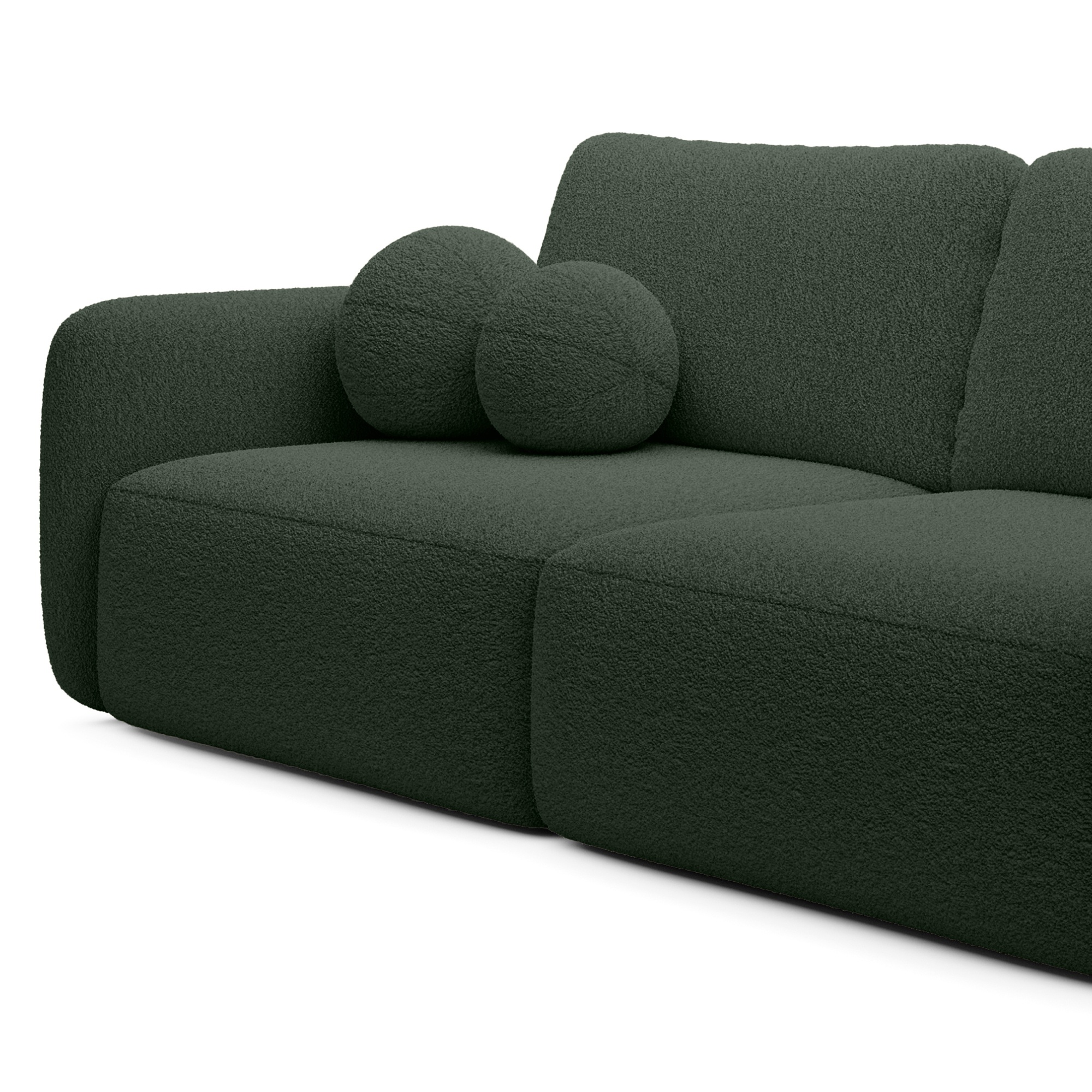 Sofa rozkładana Botse ciemnozielona z pojemnikiem, obłe kształty, boucle