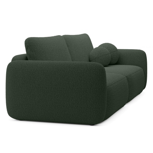 Sofa rozkładana Botse ciemnozielona z pojemnikiem, obłe kształty, boucle