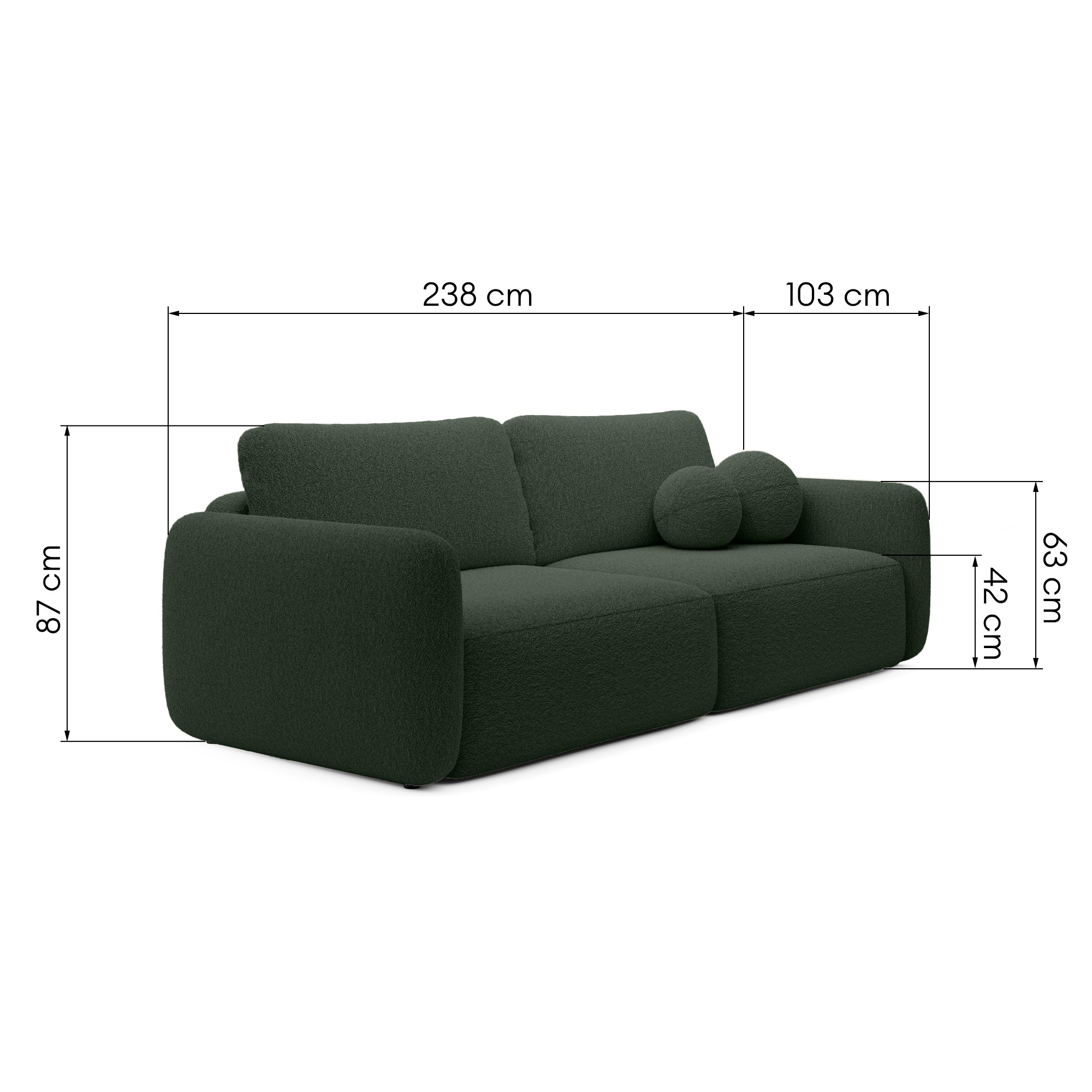 Sofa rozkładana Botse ciemnozielona z pojemnikiem, obłe kształty, boucle