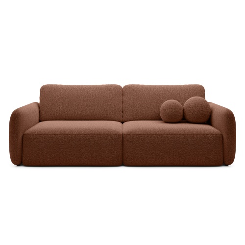 Sofa rozkładana Botse miedziana z pojemnikiem, obłe kształty, boucle