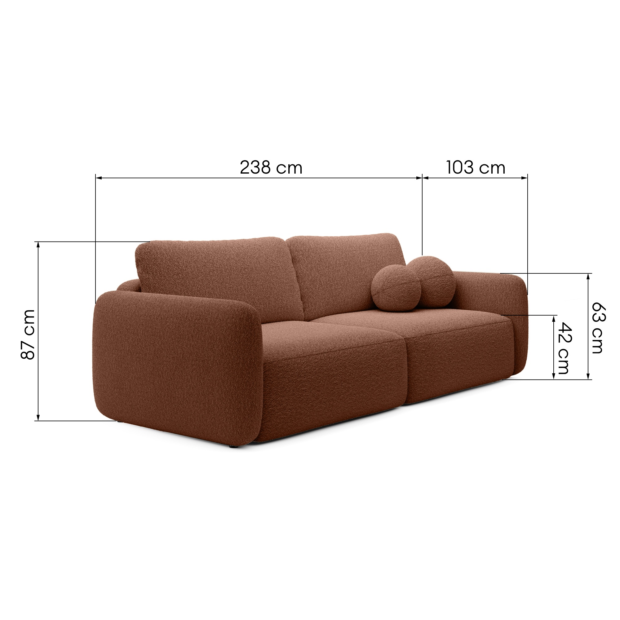 Sofa rozkładana Botse miedziana z pojemnikiem, obłe kształty, boucle