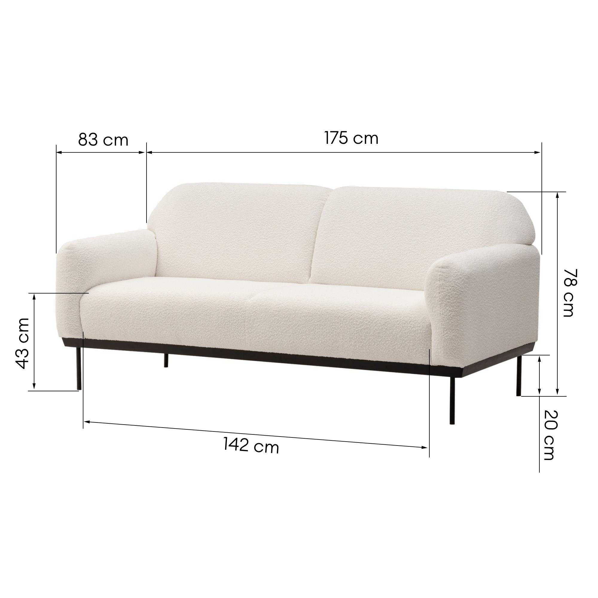 Sofa dwuosobowa Anderson biała, boucle, obłe kształty