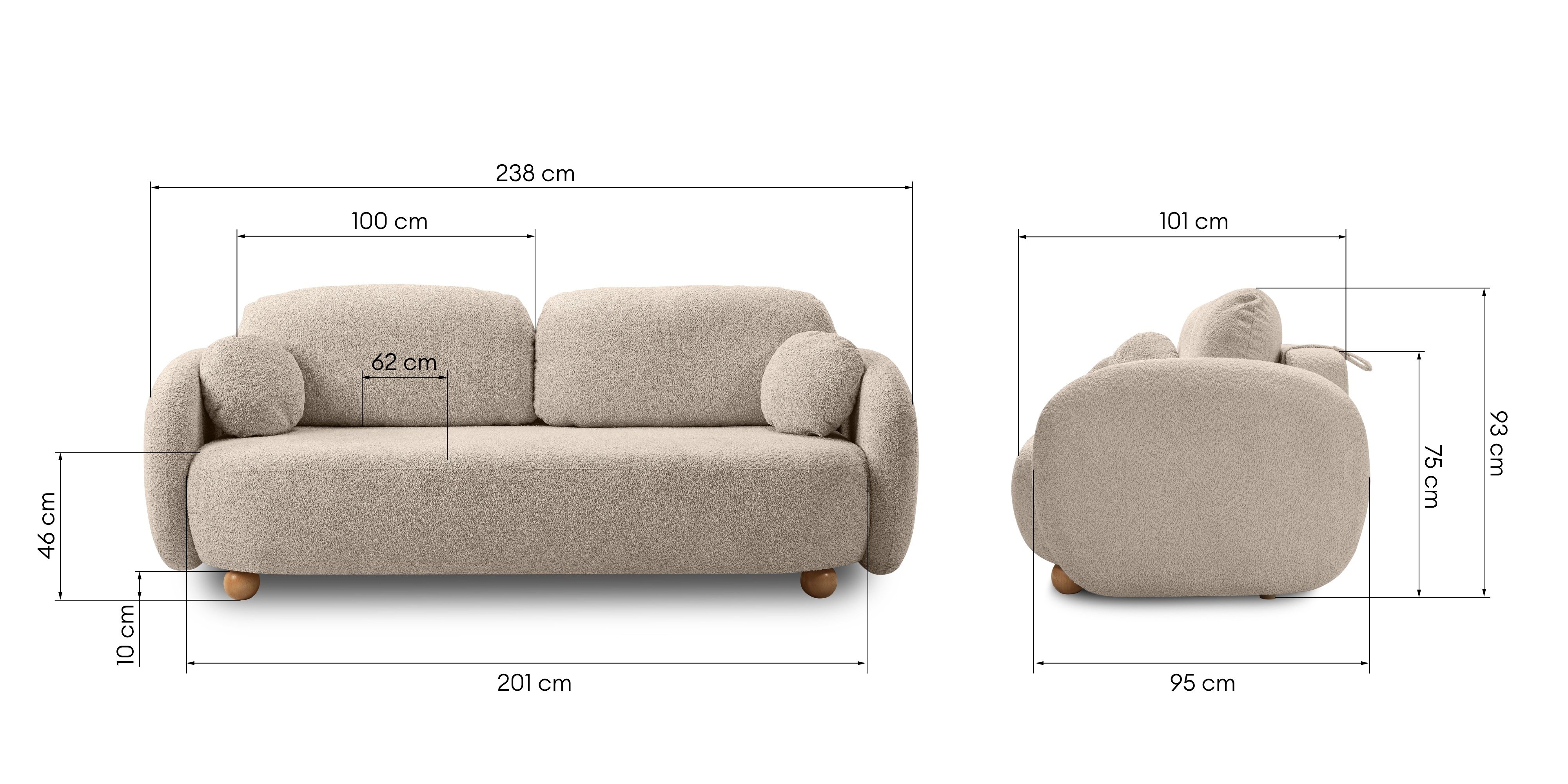 Sofa rozkładana Formosa z pojemnikiem, jasnobeżowa, boucle, nóżki kulki