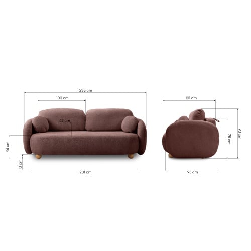 Sofa rozkładana Formosa z pojemnikiem, terakota, boucle, nóżki kulki