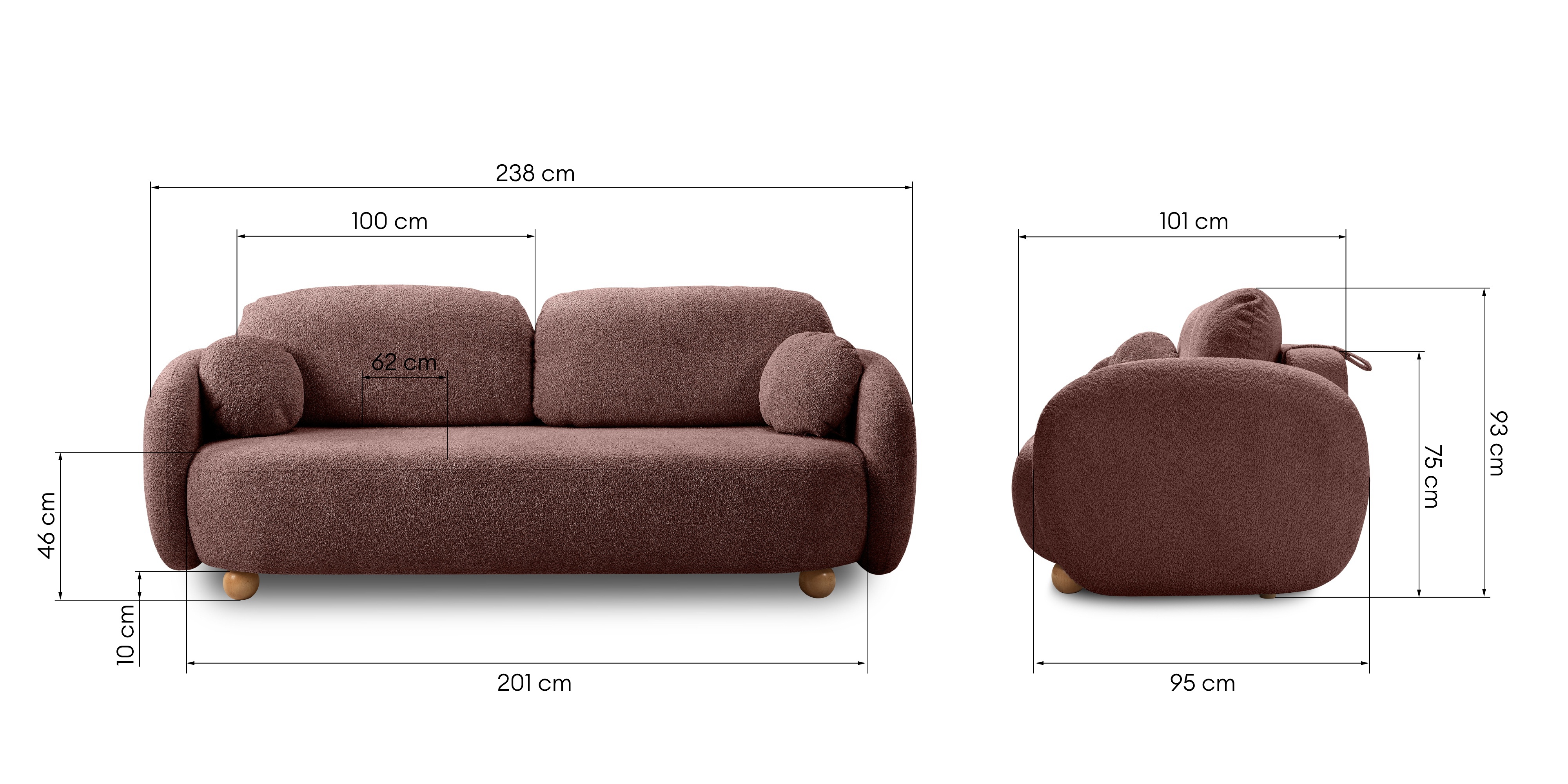 Sofa rozkładana Formosa z pojemnikiem, terakota, boucle, nóżki kulki