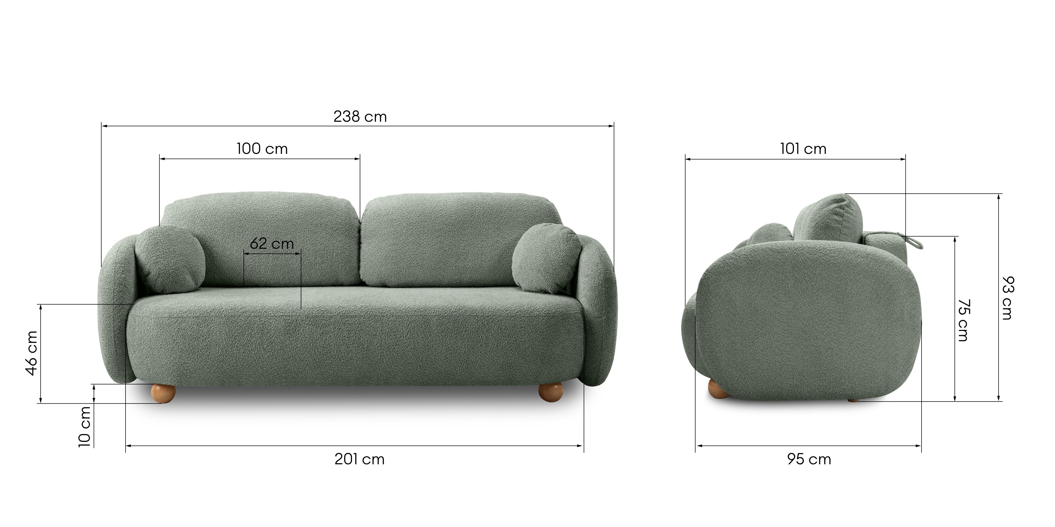 Sofa rozkładana Formosa z pojemnikiem, szałwiowa, boucle, nóżki kulki