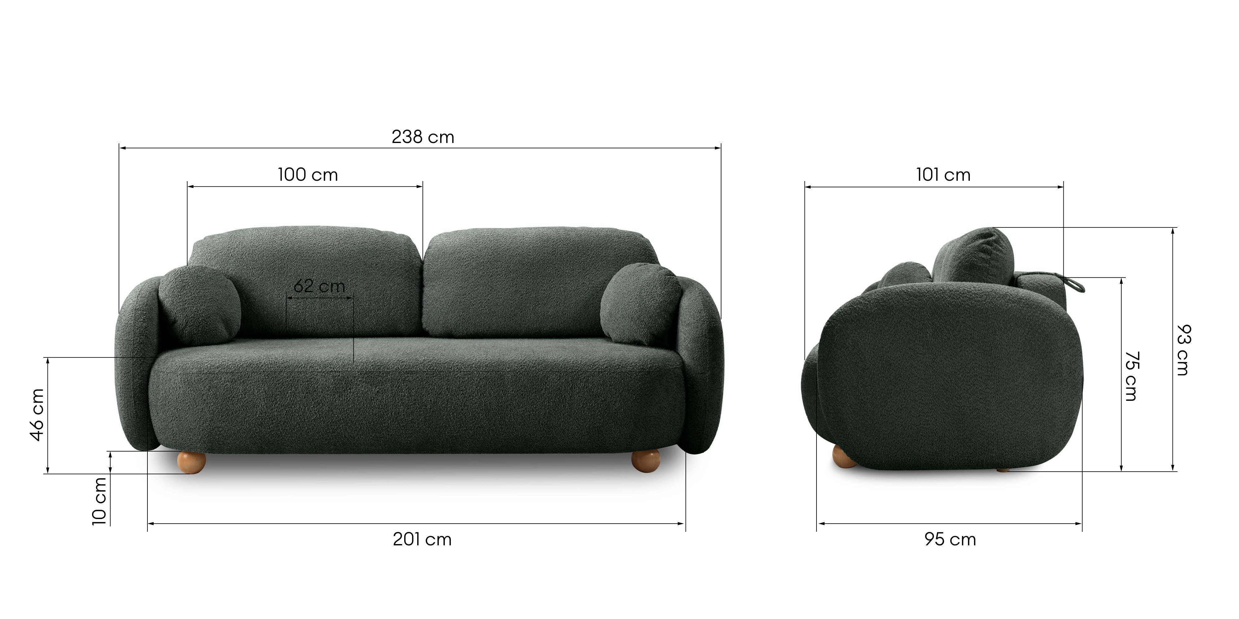 Sofa rozkładana Formosa z pojemnikiem, ciemnozielona, boucle, nóżki kulki