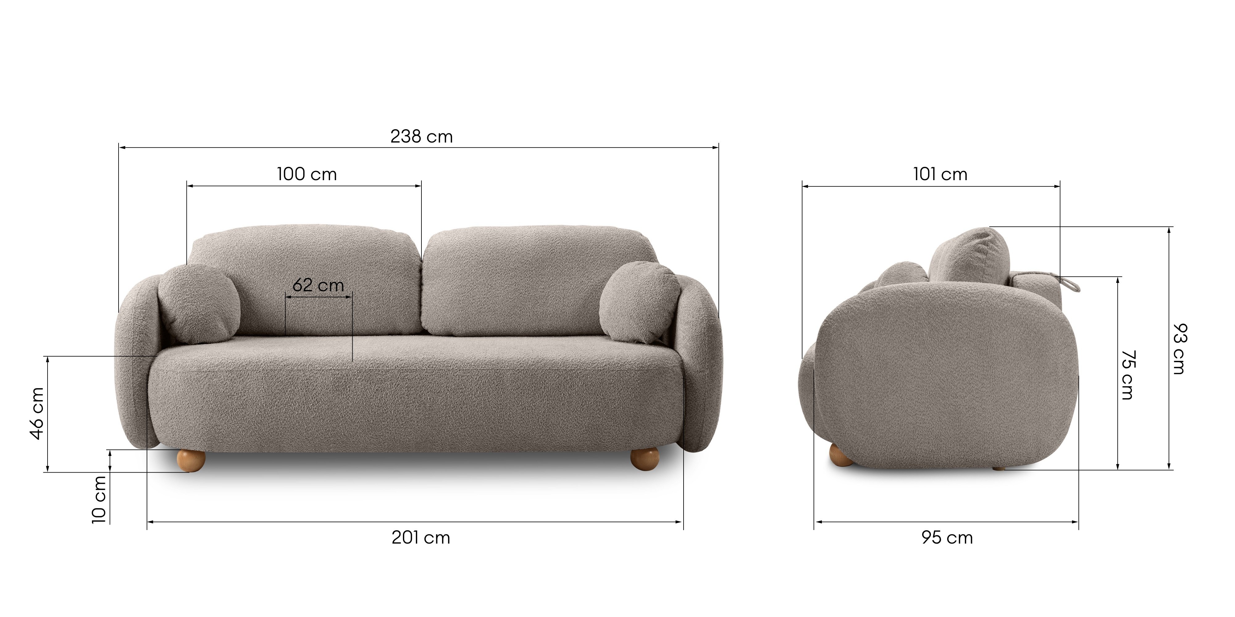 Sofa rozkładana Formosa z pojemnikiem, beżowoszara, boucle, nóżki kulki