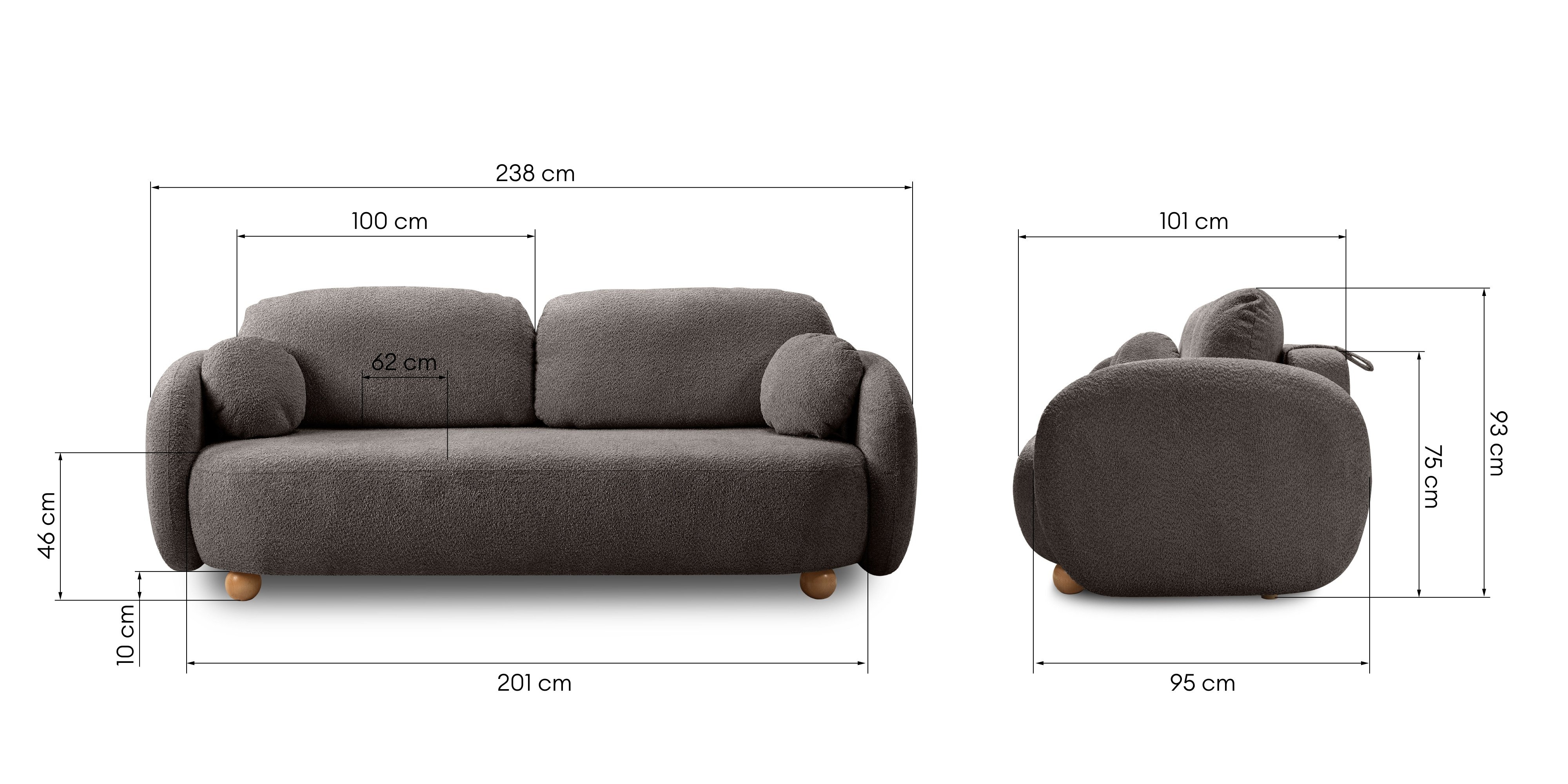 Sofa rozkładana Formosa z pojemnikiem, brązowa, boucle, nóżki kulki