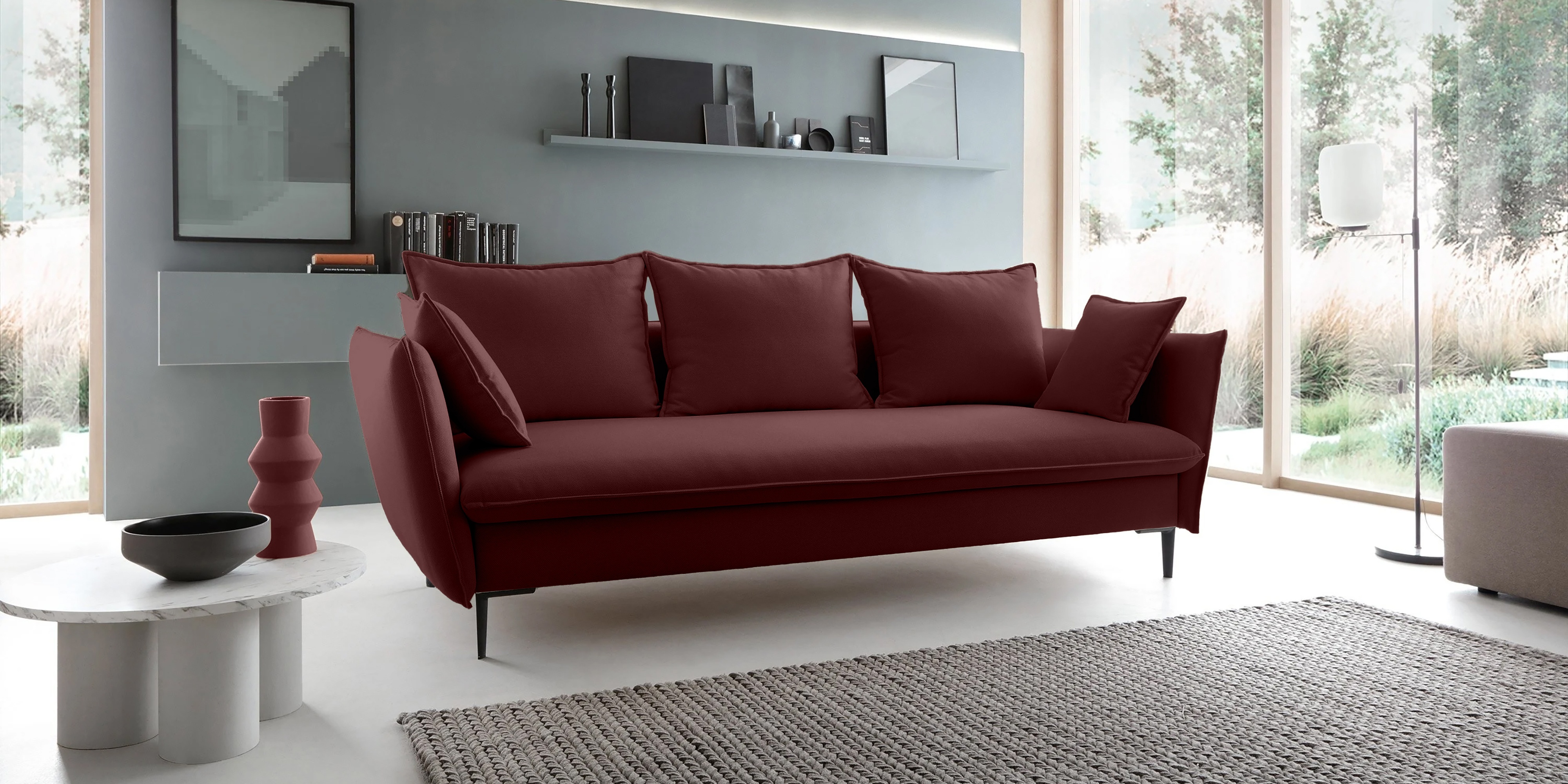 Sofa rozkładana Gloss z pojemnikiem, welurowa, burgund