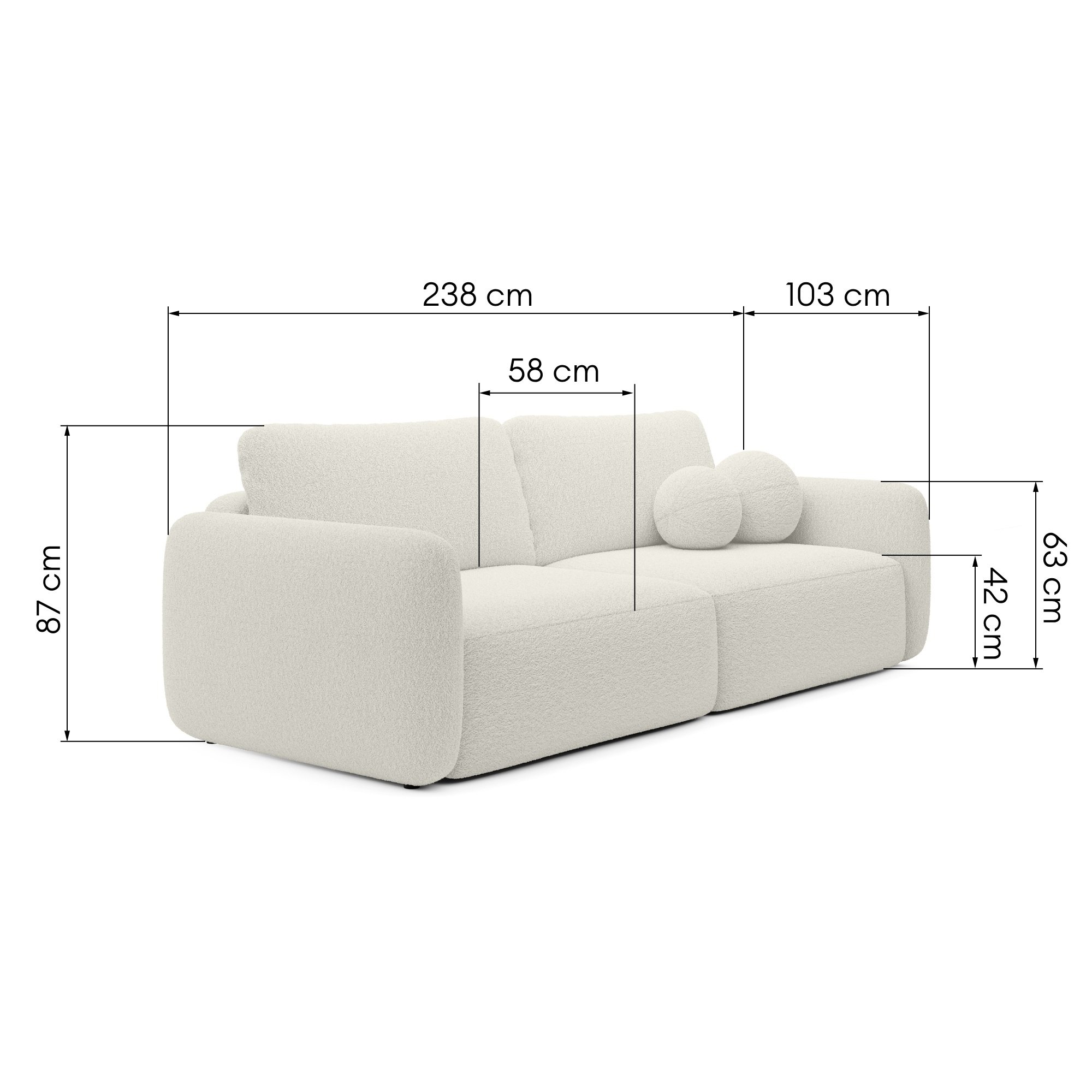 Sofa rozkładana Botse kremowa z pojemnikiem, obłe kształty, boucle