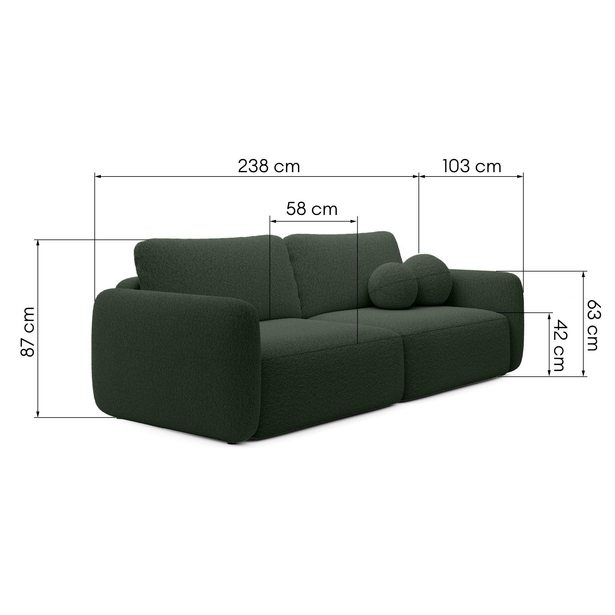 Sofa rozkładana Botse ciemnozielona z pojemnikiem, obłe kształty, boucle