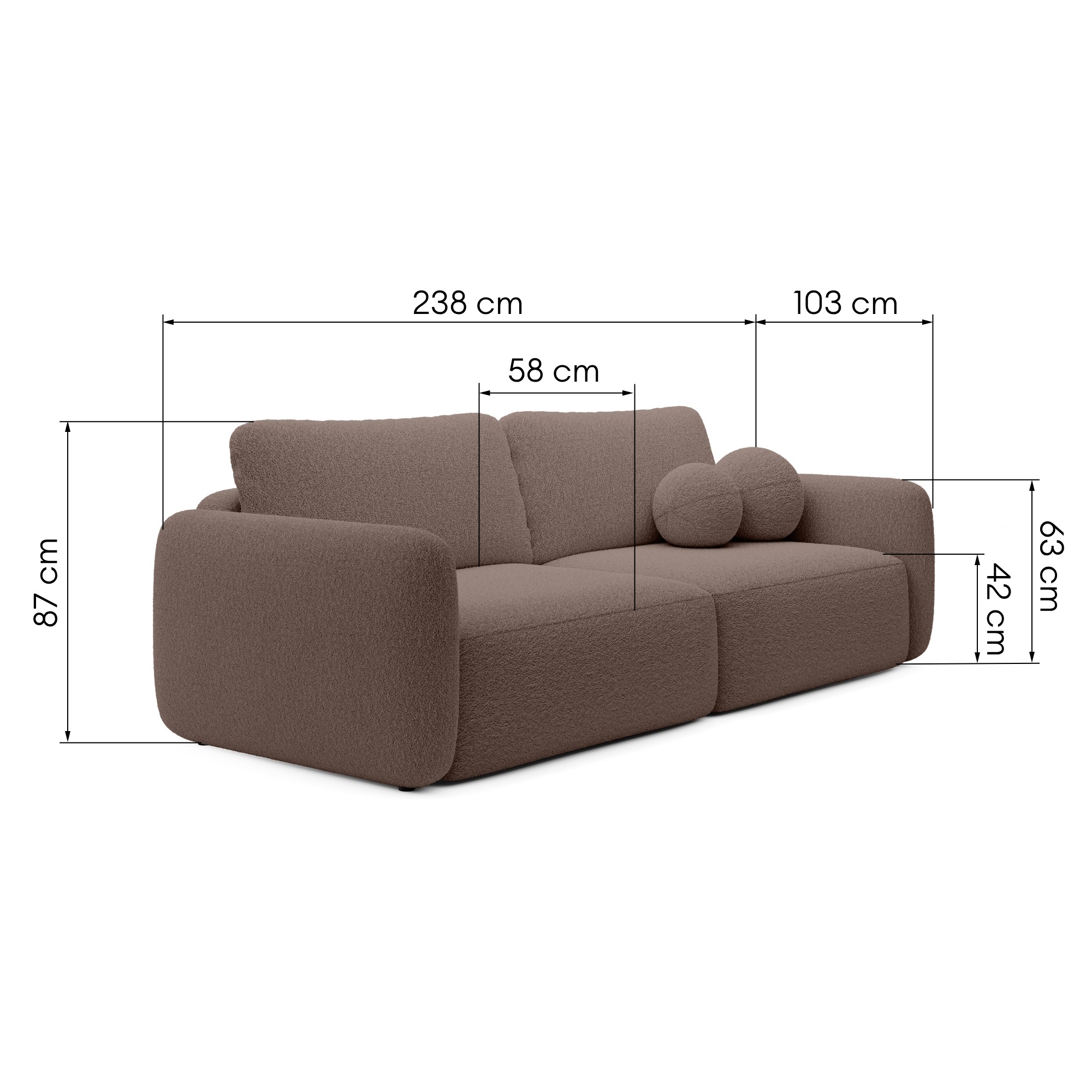 Sofa rozkładana Botse brązowa z pojemnikiem, obłe kształty, boucle