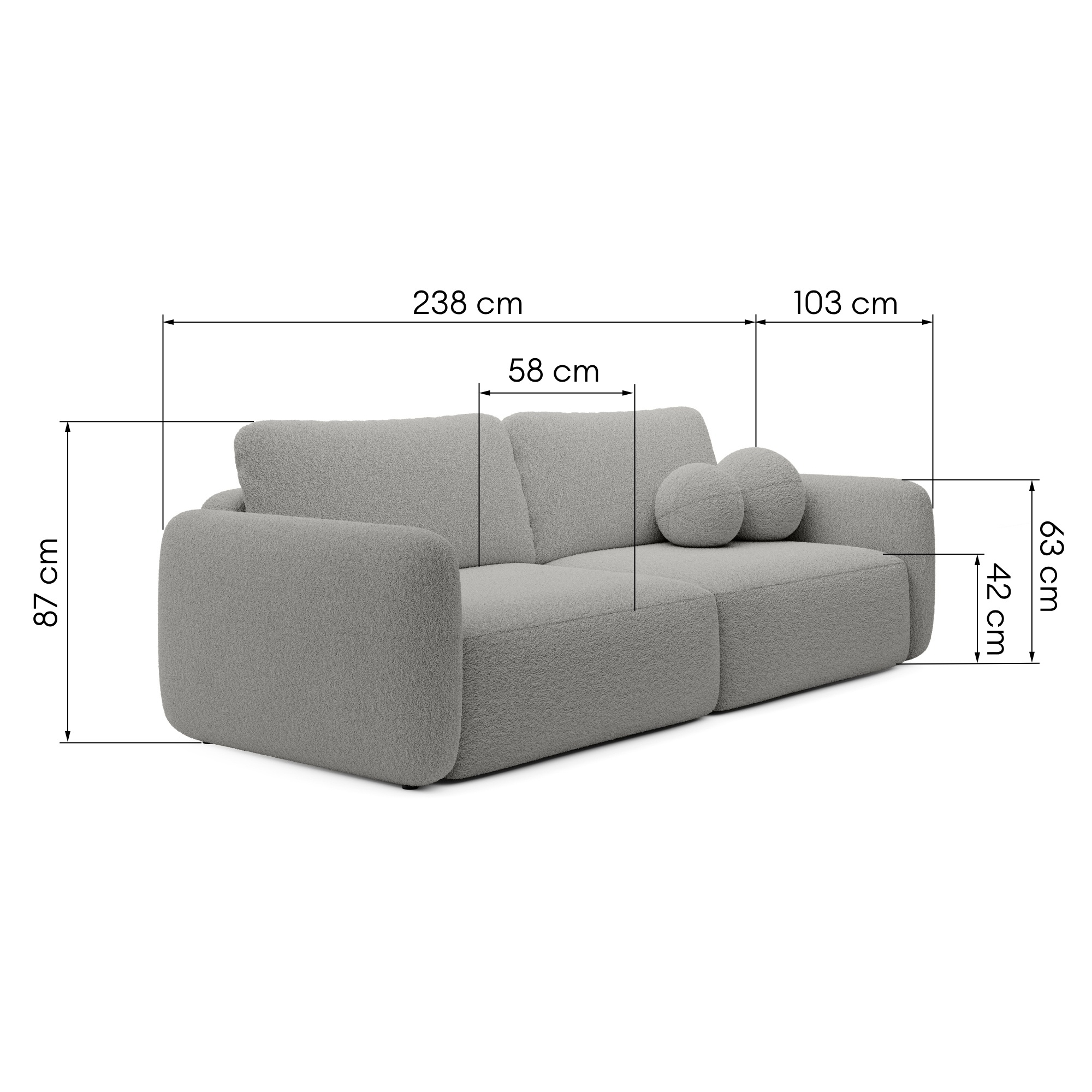 Sofa rozkładana Botse jasnoszara z pojemnikiem, obłe kształty, boucle