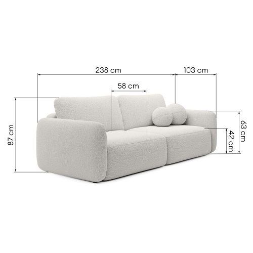 Sofa rozkładana Botse ecru z pojemnikiem, obłe kształty, boucle