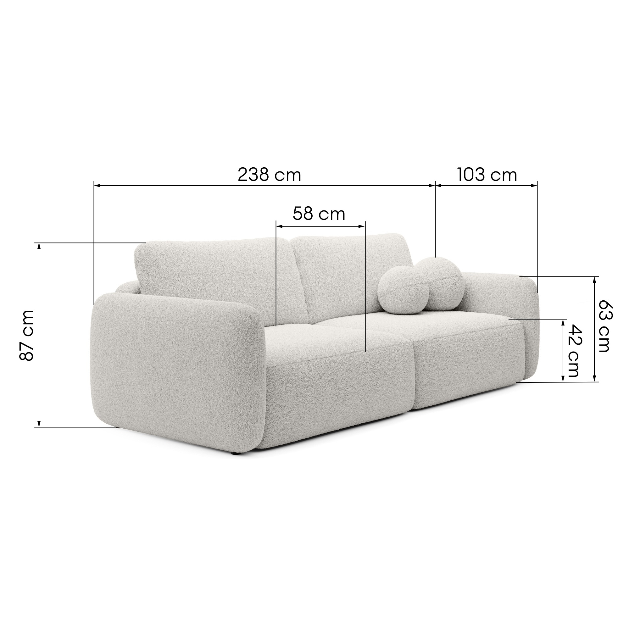 Sofa rozkładana Botse ecru z pojemnikiem, obłe kształty, boucle