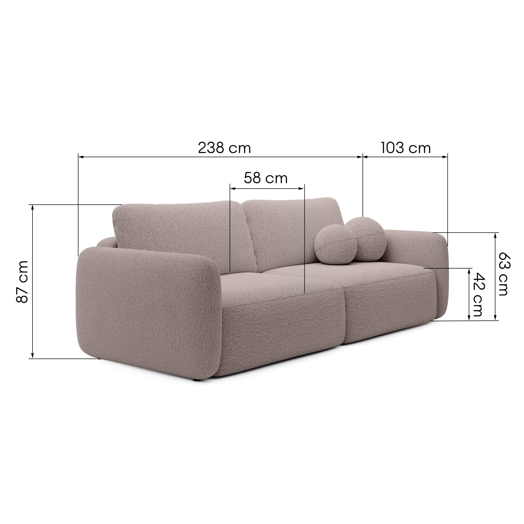 Sofa rozkładana Botse brązowoszara z pojemnikiem, obłe kształty, boucle