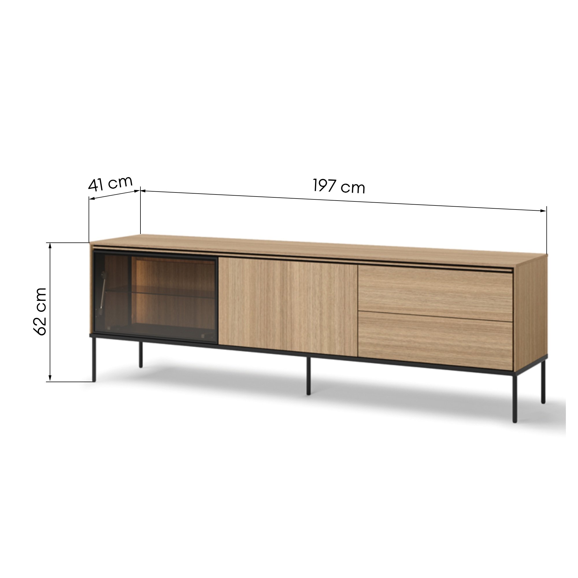 Szafka RTV z szufladami Visso 197 cm, z oświetleniem LED, dąb linearny