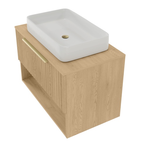 Szafka pod umywalkę nablatową Tibu 80 cm, ryflowana, złoty uchwyt, dąb craft złoty