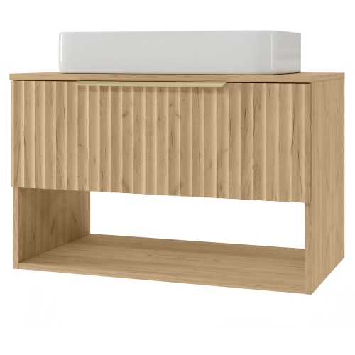 Szafka pod umywalkę nablatową Tibu 80 cm, ryflowana, złoty uchwyt, dąb craft złoty