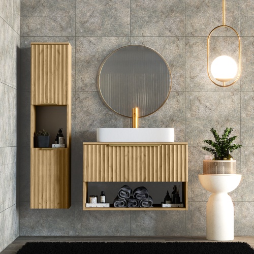Szafka pod umywalkę nablatową Tibu 80 cm, ryflowana, złoty uchwyt, dąb craft złoty