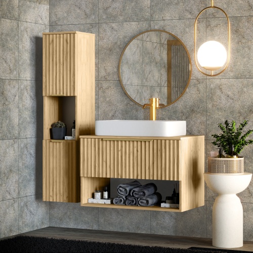 Szafka pod umywalkę nablatową Tibu 80 cm, ryflowana, złoty uchwyt, dąb craft złoty