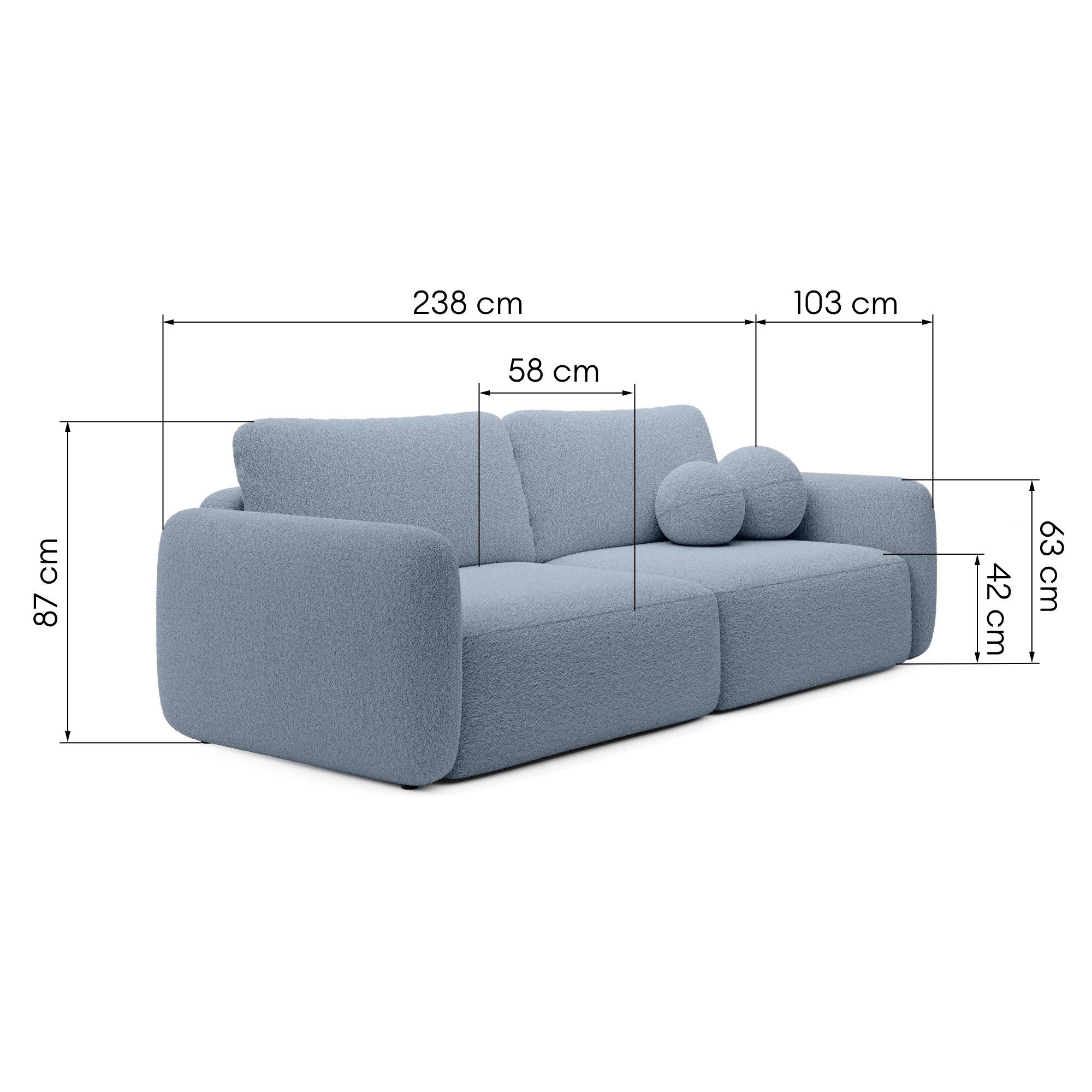 Sofa rozkładana Botse niebieska z pojemnikiem, obłe kształty, boucle