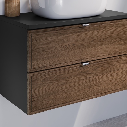Szafka pod umywalkę Talia 80 cm, czarny mat/dąb casella, złote uchwyty