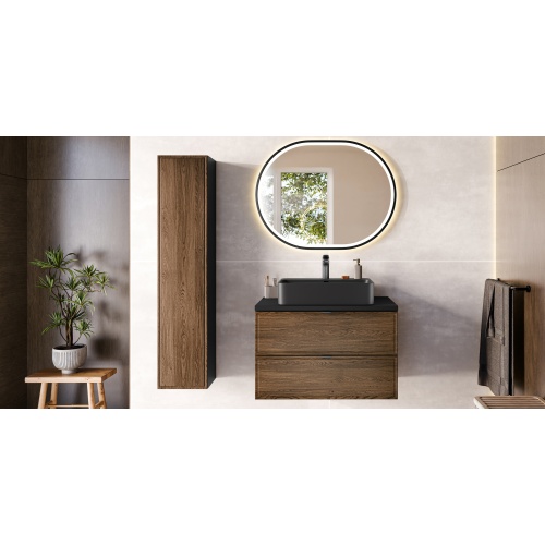 Szafka pod umywalkę Talia 80 cm, czarny mat/dąb casella, złote uchwyty