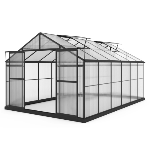 Szklarnia aluminiowa Growee z fundamentem 254x380 cm, sześciosekcyjna, poliwęglanowa, czarna